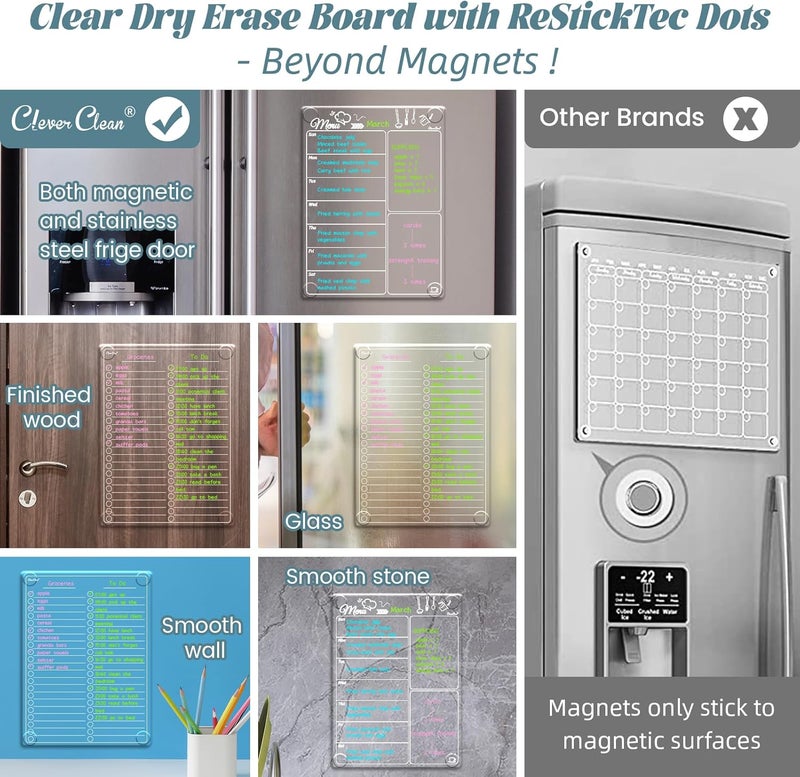 Clever Clean Clear Non-Magnetic Meal Planner Set for Fridge - Dry Erase Transparent Menu and List Board - Sticks to Wall, Glass, Door, Any Smooth Surfaces - Image 3
